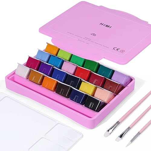 HIMI Gouache Paint Set, 24 Colors x 30ml Unique Jelly Cup Design with 3 Paint Brushes and a Palette in a Carrying Case Perfect for Artists, Students, Gouache Opaque Watercolor Painting (Pink) - Pink