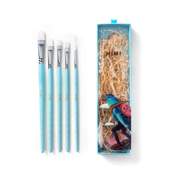 HIMI Little Bird Paint Brushes Set 5 Pcs for Acrylic Oil Gouache Paint，1 Wide Brush, 3 Fan Brush,1 Liner Brush , Interesting Designed Nice Gift for Art hobbyist Beginners Artists (Blue,5 Pcs) - Blue