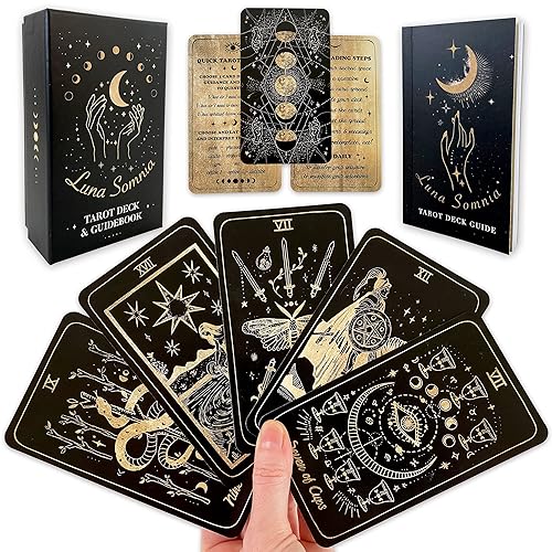 Shores Of Moon Luna Somnia Tarot Deck with Guidebook & Box - 78 Cards Complete Full Deck Starry Dreams Celestial Astrology Witchy Black Divination Tool