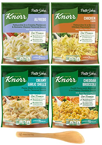 Knorr Pasta Sides, Alfredo Fettuccine, Chicken Flavor Fettuccine, Creamy Garlic Pasta Shells, and Cheddar Brocooli Fusilli, 4.4 Ounce (Pack of 4) - with Make Your Day Mini Bamboo Spatula