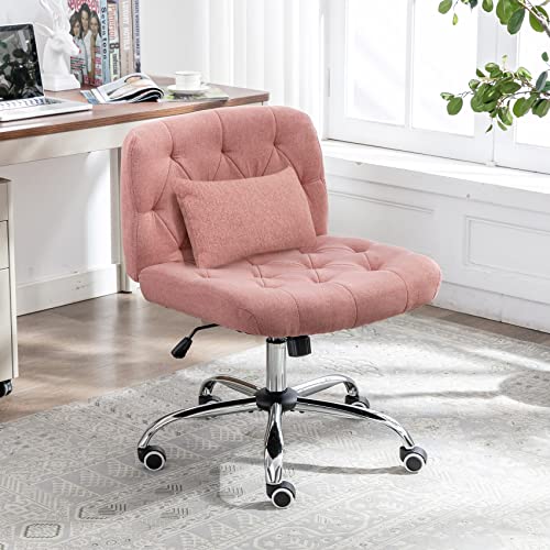 iMenting Wide Seat Armless Rolling Desk Chair Modern Tufted Adjustable Swivel Fabric Home Office Adjustable Swivel Chair with Wheels No Arms (Pink) - Pink - Fabric