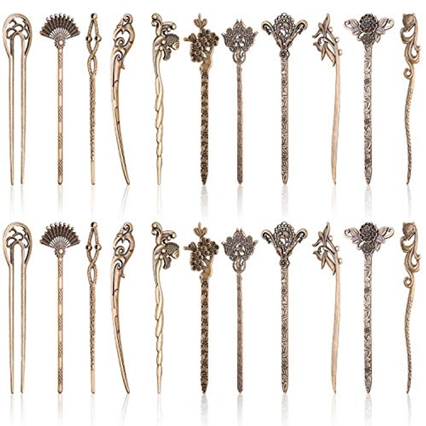 Duufin 22 Pieces Hair Sticks Vintage Chinese Hair Chopstick Retro Hair Fork for Women (Bronze)
