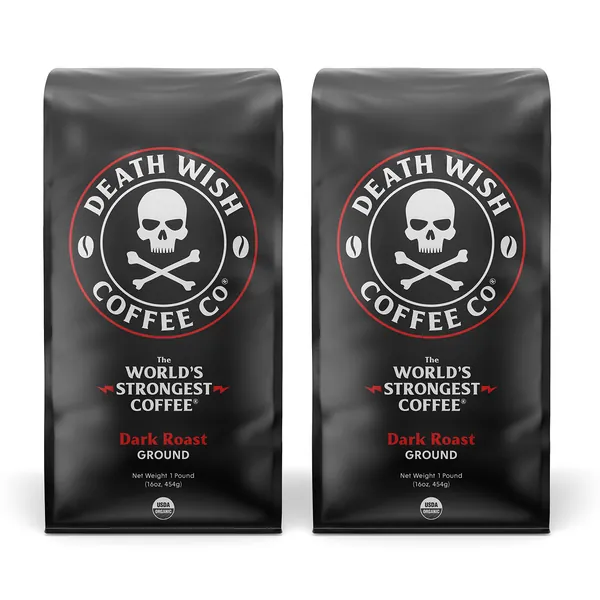 Death Wish Coffee Dark Roast Grounds -16 Oz, The World's Strongest Coffee - 2 Packs of Bold & Intense Blend of Arabica & Robusta Beans - USDA Organic Ground Coffee - Double Caffeine for Daily Lift - 1 Pound (Pack of 2) Dark Roast
