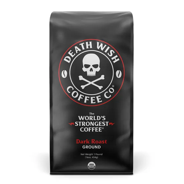 Death Wish Coffee Dark Roast Grounds - 16 Oz - The World's Strongest Coffee - Bold & Intense Blend of Arabica & Robusta Beans - USDA Organic Ground Coffee - Dark Coffee for Morning Boost - 1 Pound (Pack of 1) Dark Roast