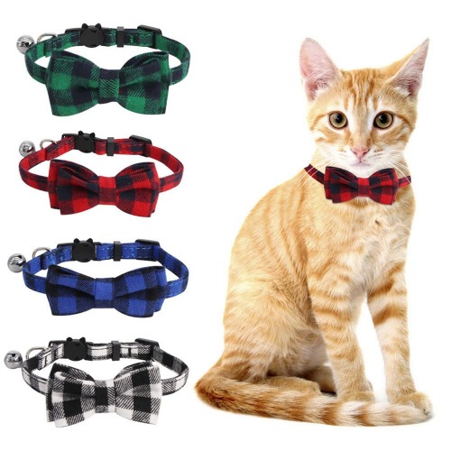 SLSON 4 Pack Cat Collars Breakaway with Bell Cat Collars with Cute Bowtie for Pet Kitten Cats and Small Dogs Pets Adjustable from 8-11In - Plaid