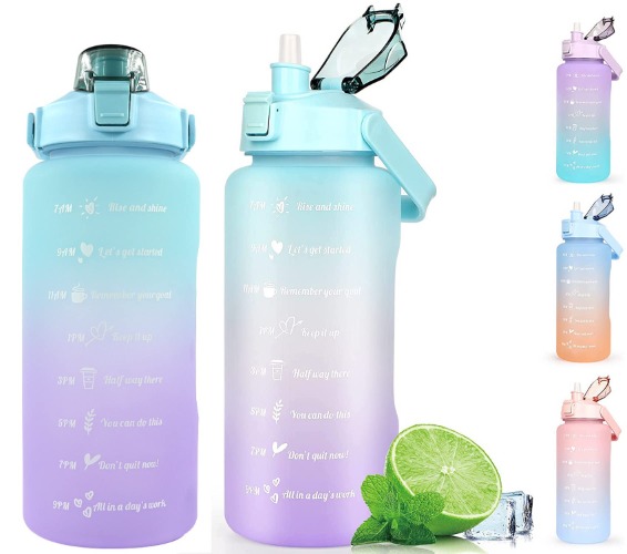 Water Bottle, 2L Motivational Water Bottle, RKINC Sport Drinks Gym Sipper Large Capacity Drinking Bottle with Straw, Marker & Holding Strap, Reusable 67 OZ Leakproof BPA Free Water Jug (Green-Purple) - Green-Purple