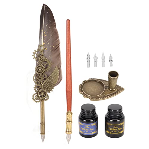 Retro Feather Pen Set, Retro, Pens Refills Calligraphy Pens Calligraphy Pen with 4 Nibs and 2 Ink Bottle (Grey) - grey