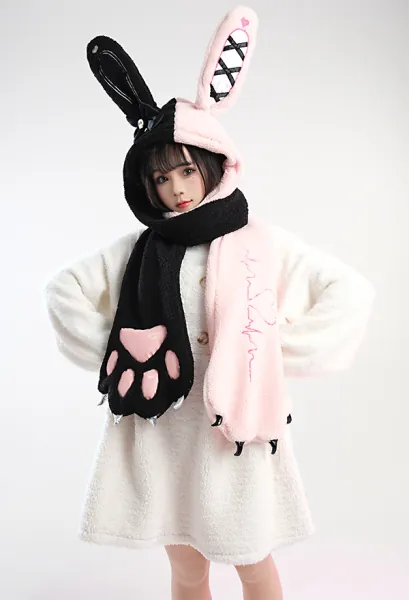 Kawaii Gothic Harajuku Hooded Scarf with Paw Gloves Black Pink Bunny Ear Hooded Hat Scarf