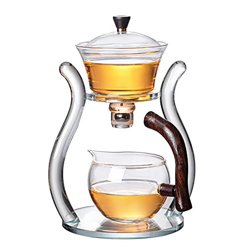 RORA Lazy Kungfu Glass Tea Set Magnetic Water Diversion Rotating Cover Bowl Semi-Automatic Glass Teapot Suit (Orange) - teapot-2