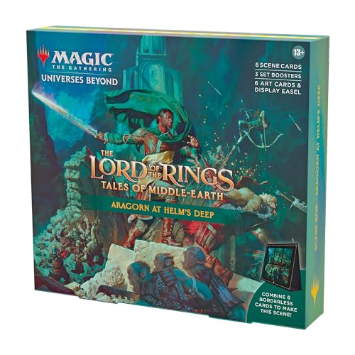 Magic The Gathering The Lord of The Rings: Tales of Middle-Earth Scene Box - Aragorn at Helm’s Deep (6 Scene Cards, 6 Art Cards, 3 Set Boosters + Display Easel)