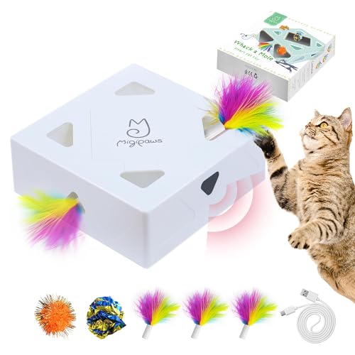 Migipaws Cat Toys, Interactive Automatic 7 Holes Mice Whack-A-Mole, Ultra Fun Smart Teaser Toy for Indoor Cats, USB Rechargeable, 4 Pieces Feather Refills - Whack-a-Mole Cat Toy