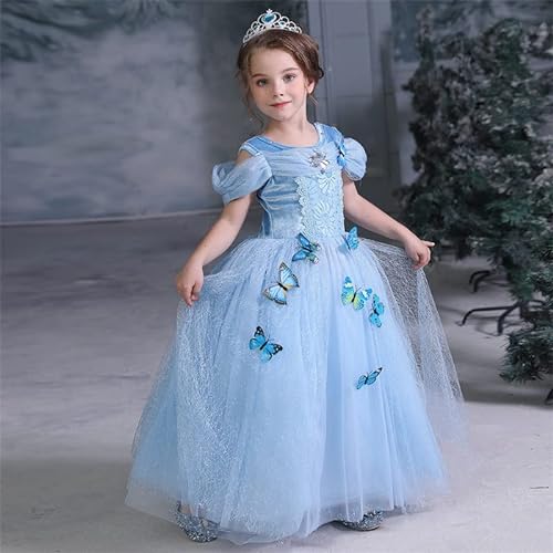 Discoball Cinderella Dress For Girls,Cinderella Costume,Blue Fancy Dress Girls Blue Butterfly Dress Up for Wedding, Cosplay, Prom, Birthday Party - 4-5 Years - Blue