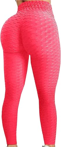 Black Berry Women's Honeycomb Waffle Leggings Ruched Butt Lift High Waisted Tummy Control Plus Size Workout Gym Yoga Stretchy Anti-Cellulite Legging - L-XL - Hot Pink