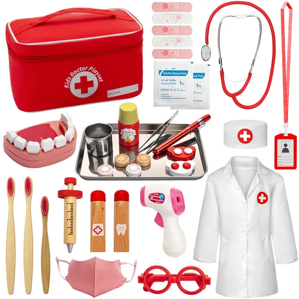 EFO SHM Role Play Toys Kids Doctors Set Wooden Dentist Medical Playset Dress Up Toys in Carry Case with Real Stethoscope, Doctor's Coat for Boys Girls