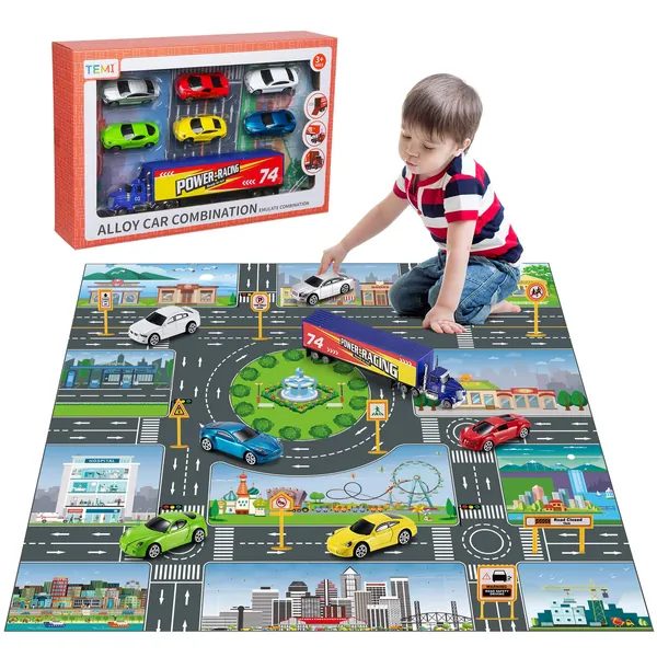 TEMI Diecast Racing Cars Toy Set with Activity Play Mat, Truck Carrier wiht 6 Sport Cars, Alloy Metal Race Model Car and Assorted Vehicle Play Set for Kids, Boys & Girls