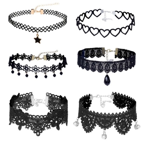 6pcs choker necklaces set tattoo gothic lace choker necklaces stretch velvet Classic, black, Leather