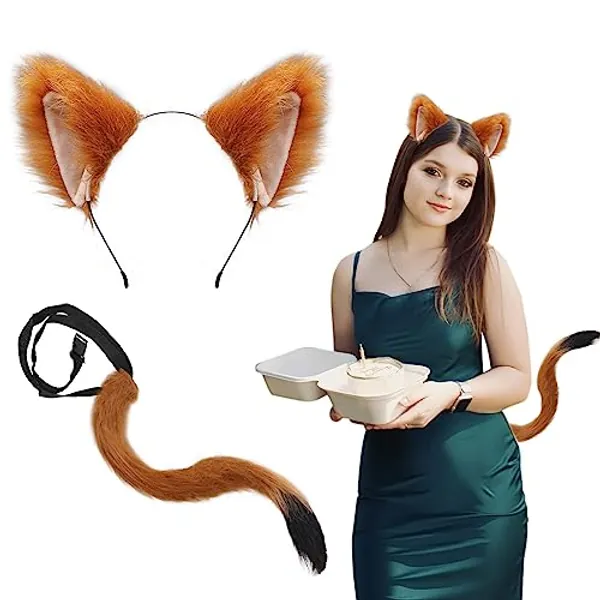 TSHAOUN Fox Costume Included Black Fox Ears Headband Faux Fox Tail Animal Costume for Fancy Dress Up Fox Cosplay Halloween Costume Stage Show - Fox