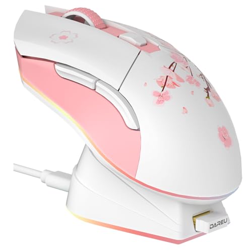DAREU Sakura Pink Wireless Gaming Mouse with Charging Dock Rechargeable RGB,12K DPI,7 Programmable Buttons High-Precision Sensor [300IPS] [1000Hz] for PC Notebook Mac - Sakura Pink & Charging Dock