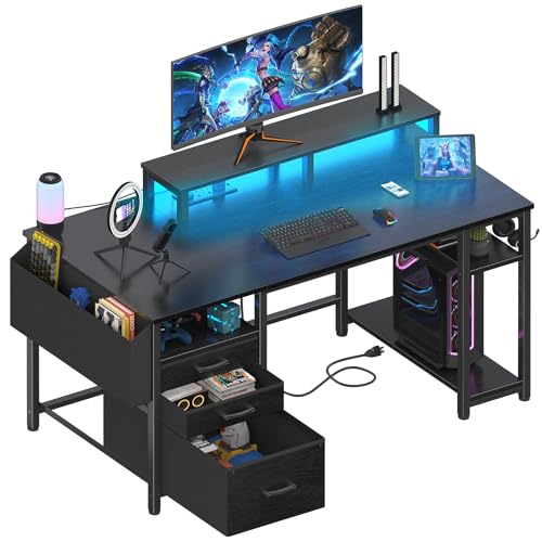 Lufeiya Gaming Desks with Led Lights and Power Outlets, 55 Inch Computer Desk with File Drawers Cabinet, Home Office Desk with Shelves Monitor Stand, Black - Black - 55"