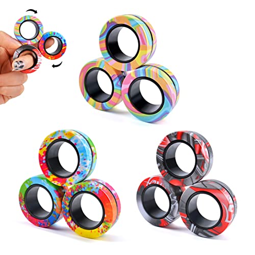 9Pcs Magnetic Rings Fidget Toy Set, ADHD Anxiety Magnetic Fidget Toys Adults Fidget Spinner Rings for Relief, Gifts for 8+ Year Old Teen Boy Girl - Multicolored-9Pcs-A
