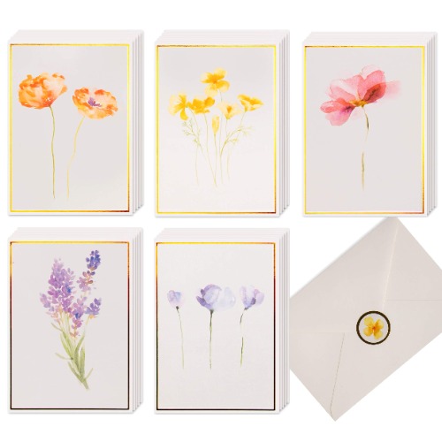 40 Plain Floral Cards, 4 x 6 in Assorted Artistic Watercolor & Gold Foil All Occasion Greeting Cards, Bulk Boxed Set of Blank Flower Stationary Notecards with Envelopes & Stickers