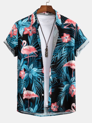 Flamingo Tropical Print Button Up Shirt | black / XL