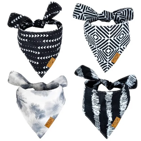 Remy+Roo Dog Bandanas - 4 Pack | Monochrome Set | Premium Durable Fabric | Unique Shape | Adjustable Fit | Multiple Sizes Offered | (Small)