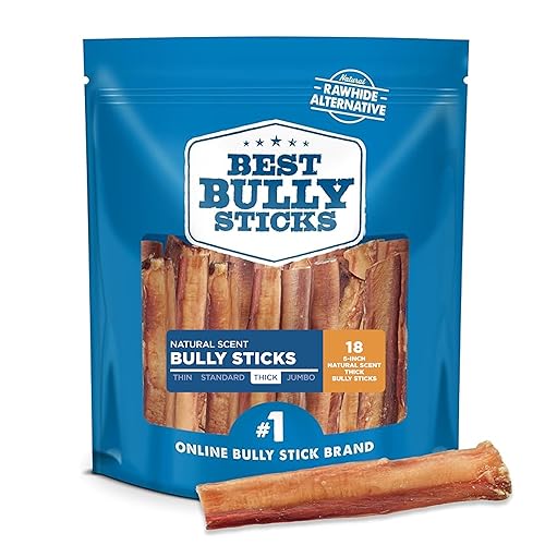 Best Bully Sticks All Natural 6 Inch Thick Bully Sticks for Large Dogs - 100% Free-Range Grass-Fed Beef - Single-Ingredient Grain & Rawhide Free Dog Chews - 18 Pack - 6" Natural Scent - 18 Count (Pack of 1)