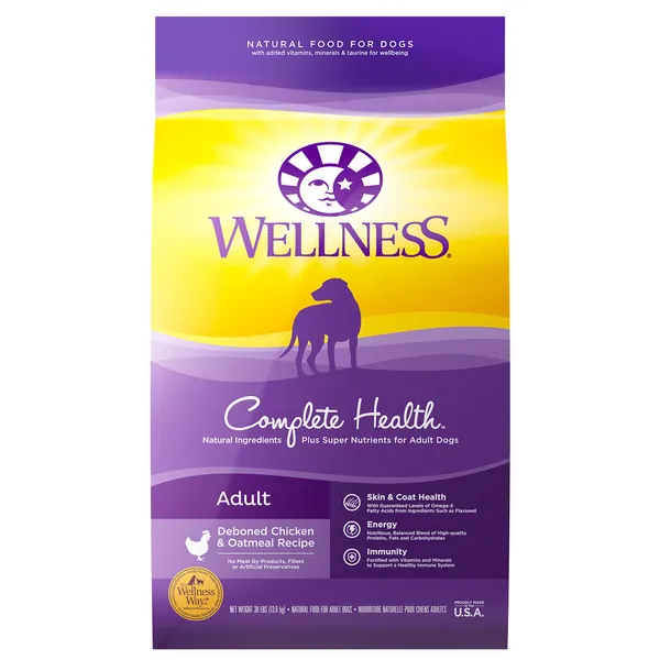 Wellness Complete Health Dry Dog Food with Grains, Natural Ingredients, Made in USA with Real Meat, All Breeds, for Adult Dogs (Chicken, Healthy Weight, Lamb, and Whitefish) - Chicken & Oatmeal 30 Pound (Pack of 1)