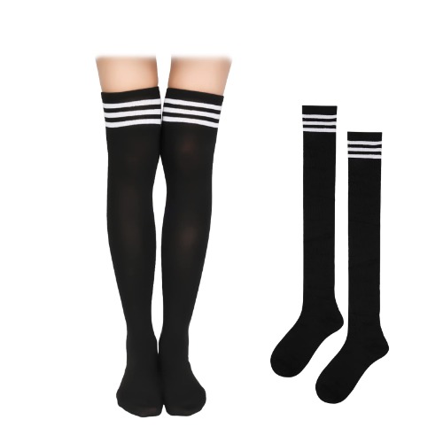 KINBOM 60cm / 23.6inch 1 Paar Dijkousen, 100% Katoen Zacht Kniekousen Lange Kousen Thigh High Socks voor Dames Meisjes Dagelijks Gebruik (Hoofdstuk Zwart, Witte Streep)
