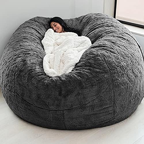 7ft Giant Fur Bean Bag Chair for Adult Living Room Furniture Big Round Soft Fluffy Faux Fur BeanBag Lazy Sofa Bed Cover Grey (Dark Grey) - Dark Grey