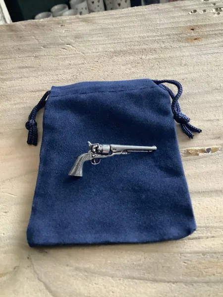 Antique Revolver Silver Pewter Pin Badge In A Velveteen Gift Bag