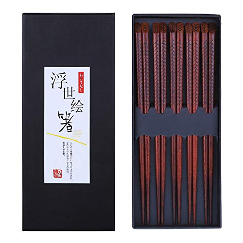 Antner 5 Pairs Hardwood Chopsticks Japanese Style Reusable Hand-Carved Chopsticks Natural Wood Chop Sticks with Gift Box, Dishwasher Safe - Natural Wood Style 2