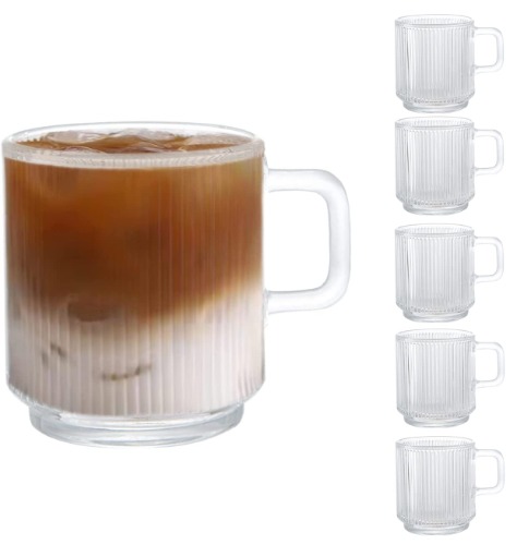 [6-pack, 350 ml] DESIGN •MASTER Premium glas kaffemuggar med vertikala ränder, genomskinliga teglas för varma/kalla drycker, perfekt design för amerikansk, cappuccino, latte eller te och dryck.