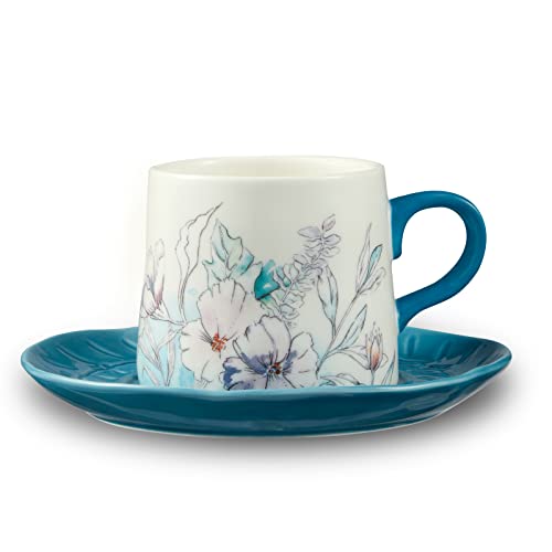 Coffee Cup and Saucer Set, 6.8oz/200ml Coffee Mugs, Handmade Blue Glazed Embossed Tea Cup with Blue and White Color Matching, Porcelain Tea Cup for Office and Home, Dishwasher and Microwave Safe