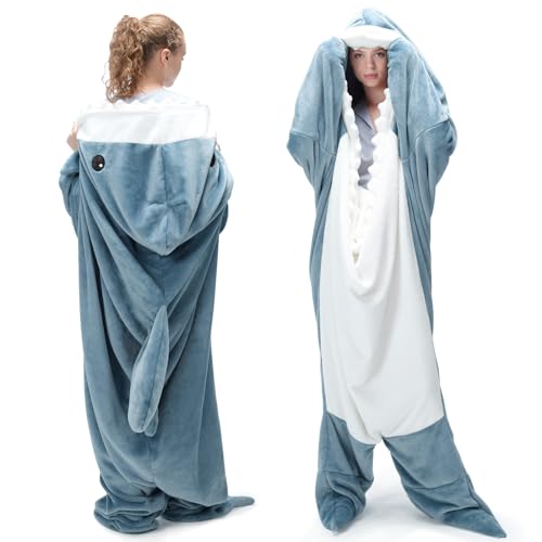 Touchat Shark Blanket for Adult Super Soft Cozy Flannel Throw Wearable Blanket, Cartoon Animals Shark Blanket Hoodie, Sleeping Bag Cosplay Shark Costume Blanket Gifts for Shark Lovers (Blue,L) - Blue - Large