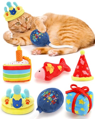 CiyvoLyeen 6Pcs Birthday Themed Catnip Toys Cat Birthday Gift Kitten Interactive Toys for Cat Lover Cake Crown Fish Soft Plush Catmint Pet Supplies Kitty Chew Kick Toys - Birthday