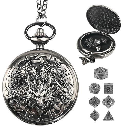 Banloga D&D Dice Set,7PCS Metal Dice Set for Dungeons and Dragons,Mini Dice Set with Pocket Watch Case,Role Playing Board Games Accessories (Dragon, Ancient Silver) - Ancient Silver - Dragon