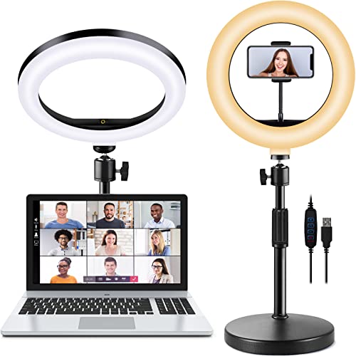 Selfie Ring Light with Stand and Phone Holder, 10'' Dimmable Desktop LED Circle Light for Laptop,Computer, Lighting Kit Gifts for Live Streaming/Laptop Video Conference/Chat/Makeup/YouTube/Tiktok/Vlog