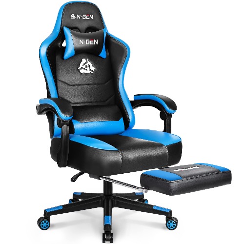 N-GEN Gaming Chair with Footrest Levelled Seat Style PU Leather Adjustable Ergonomic Lumbar Support High Back Office Swivel Computer Desk Headrest Design E-Sports PC Gamer Height Reclining (3. Blue)