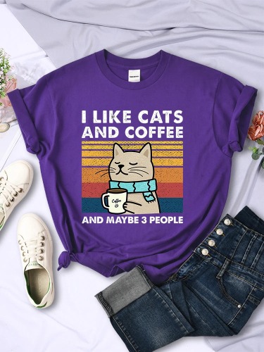 'Coffee and Cats' Cute Cat Themed T-Shirt - Purple / L