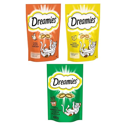 Dreamies Cat Treats Bundle of Tasty Snacks with Scrumptious Chicken, Cheese & Catnip Flavours | Cat Biscuits | Cat Treats for Indoor | Kitten Treats | No Artificial Colours | 60g