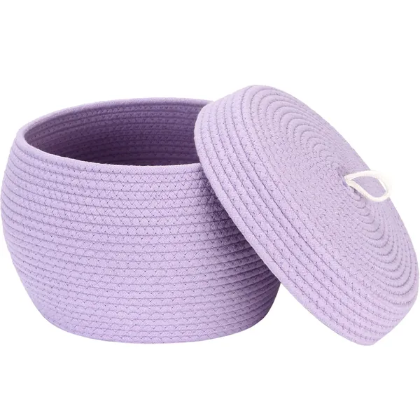 Sea Team Round Cotton Rope Storage Basket with Lid, Decorative Woven Storage Bin, Pot, Caddy, Organizer, Container for Snacks, Towels, Plants, 13 x 9 Inches (Large, Lavender) - Large Lavender