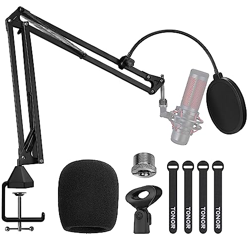 Microphone Arm Stand, TONOR Adjustable Suspension Boom Scissor Mic Stand with Pop Filter, 3/8" to 5/8" Adapter, Mic Clip, Upgraded Heavy Duty Clamp for Hyperx Blue Yeti Rode Elgato etc. Mics (T20) - 13.8inch length