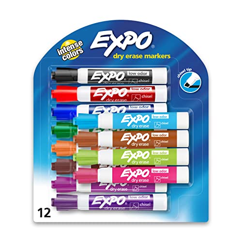 EXPO Low Odor Dry Erase Markers, Chisel Tip, Assorted Colors, 12 Count - 12 Count (Pack of 1)