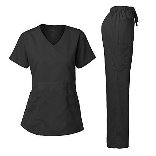 Dagacci Medical Uniform Women's Scrub Set Stretch and Soft Y-Neck Top and Pants - XX-Small - Black