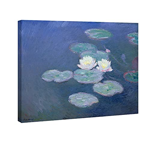 Wieco Art Water Lilies Canvas Prints Wall Art of Claude Monet Famous Floral Oil Paintings Reproduction Stretched and Framed Classic Flower Pictures Giclee Artwork - 16x12inch (40x30cm)