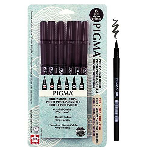SAKURA Pigma Professional Brush Pens - Brush Tip Pens - Black Ink - Fine, Medium, Bold Sizes - 6 Pack