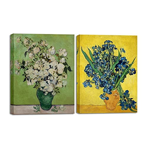 Wieco Art 2 Piece Irises in Vase Floral Canvas Prints Wall Art by Van Gogh Classic Artwork Famous Oil Paintings Reproduction on Canvas for Home Decor Modern Wrapped Flowers Pictures - 12*16inchx2PCS(30x40cmx2pcs) - Artwork-1
