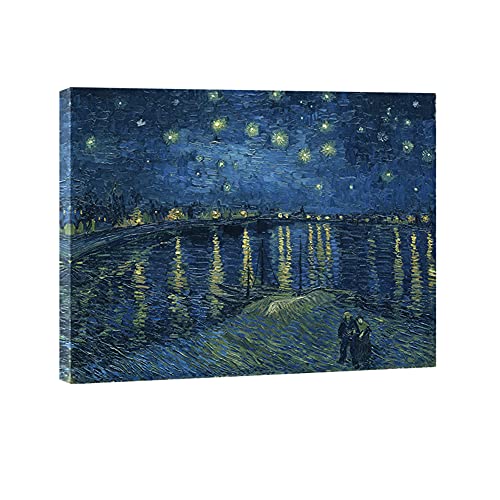 Wieco Art Starry Night Over The Rhone by Van Gogh Classical Oil Paintings Reproduction Large Modern Stretched and Framed Canvas Print Wall Art Seascape Pictures Giclee Artwork for Home Office Decor - 32x24inch (80x60cm)